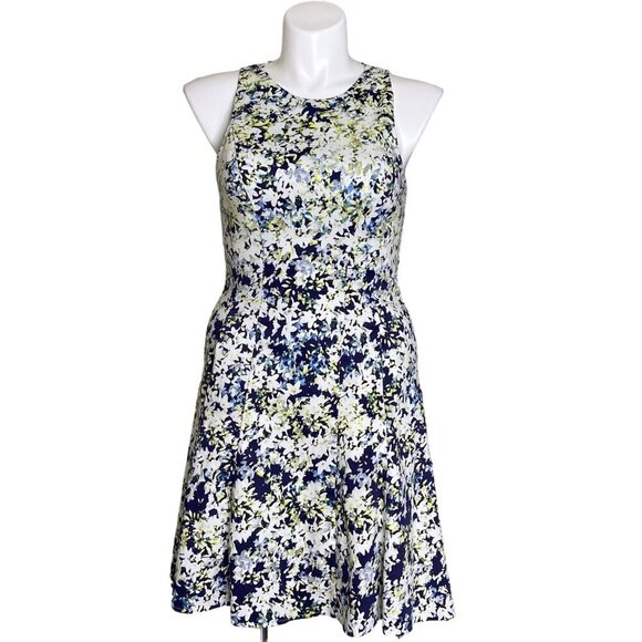 Maggy London Floral A-Line Dress, Navy Yellow Tule Slip Pockets Women's Size 14 - Picture 1 of 10